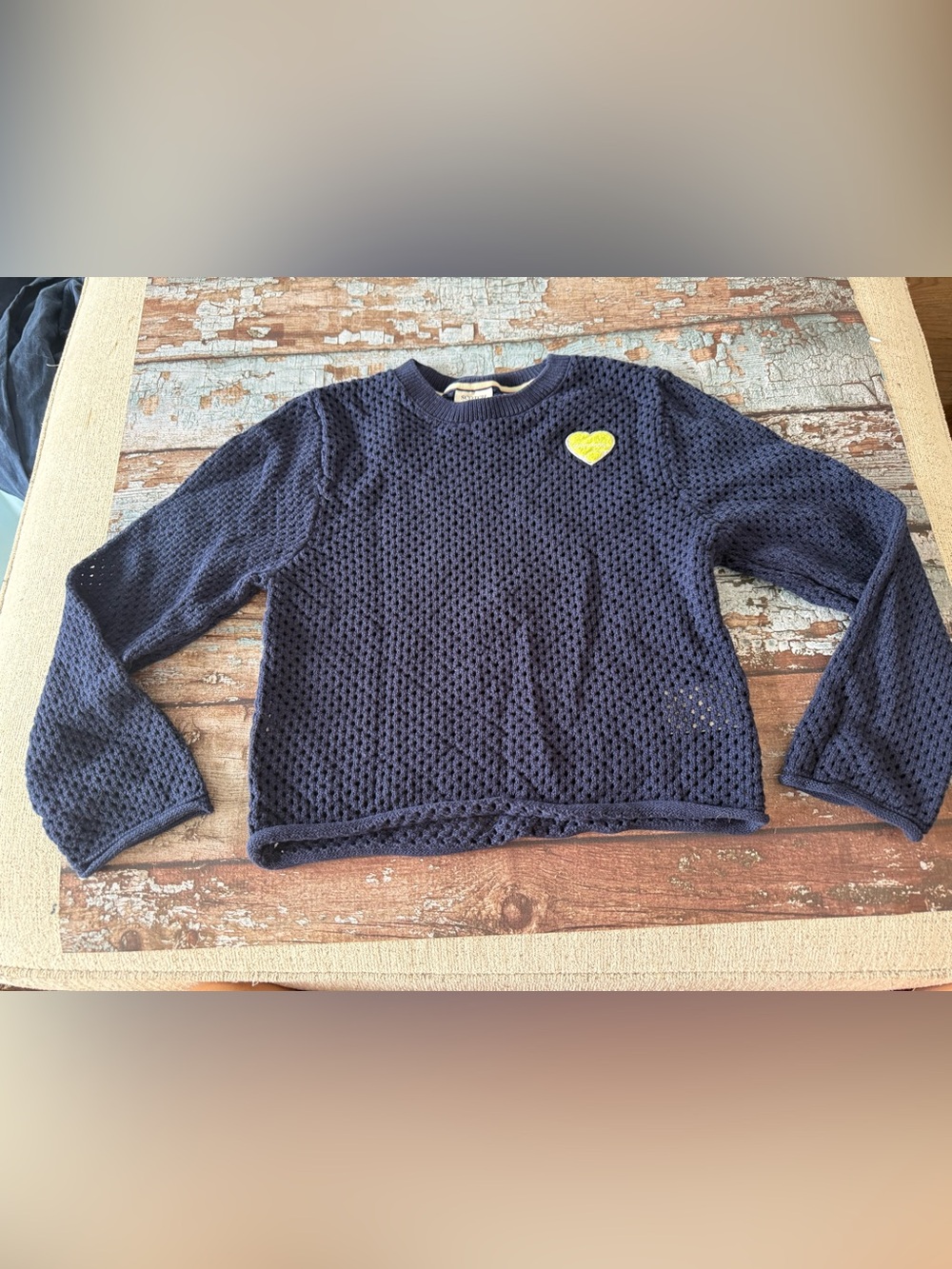 Scotch & Soda Navy Open-Knit Crew Sweater w Yellow Heart Patch Size XL but Small